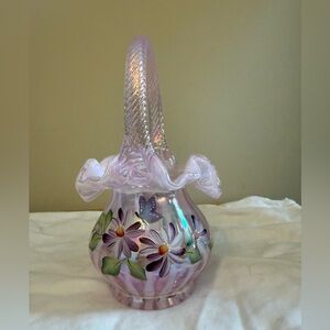 Fenton hand painted Iridescent Lavender Glass Basket with Floral Motif